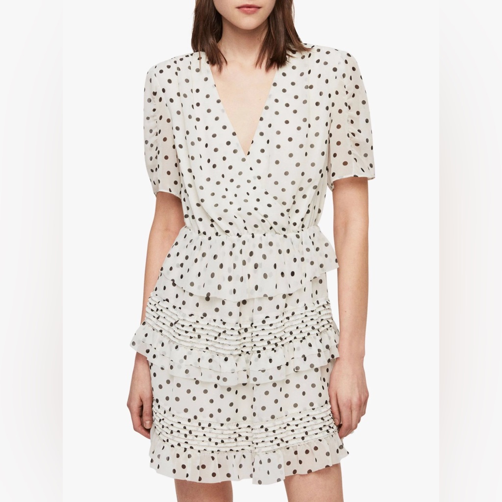 New All Saints Ilia Polka-Dot White Black Ruffle Tiered V-Neck Mini Dress